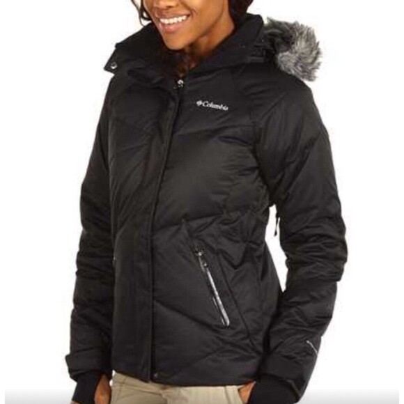 Columbia Women's MEDIUM L ay D Down II Omni Heat Jacket BLACK With Gray Fur EUC - Picture 1 of 16